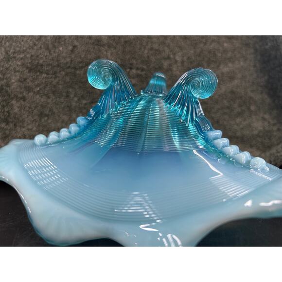 Stunning Opalescent Blue Northwood Glass Klondike Pattern Footed Bowl Antique - Picture 7 of 8